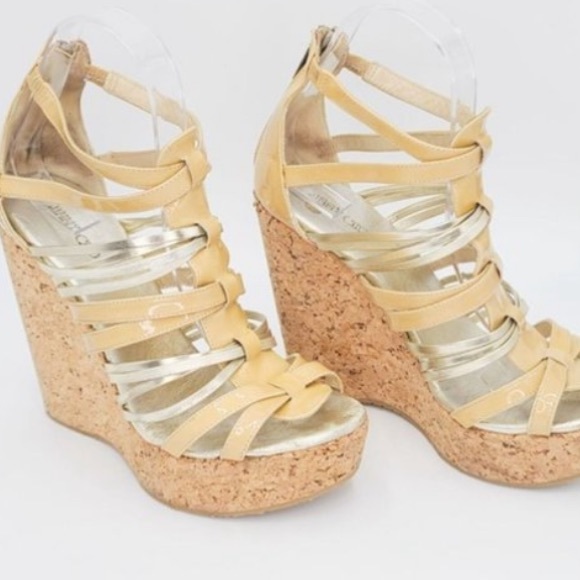 Jimmy Choo Shoes - [Jimmy Choo] Gold/Nude Strappy Cork Wedge Heel Sandals Sz 38.5 (US 8.5)